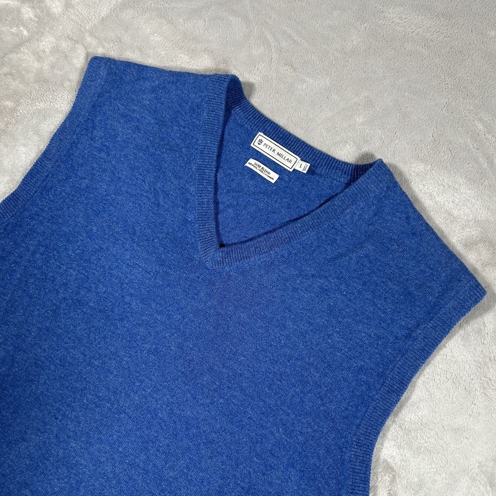 Peter Millar Mens Blue Wool Cashmere V-Neck Sweater Vest Large Golf Preppy Luxe